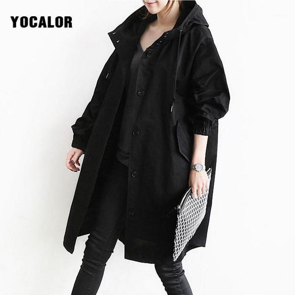 

autumn england windbreaker long trench female overcoat denim cardigan basic hooded coat for women oversize cloak black gray1, Tan;black
