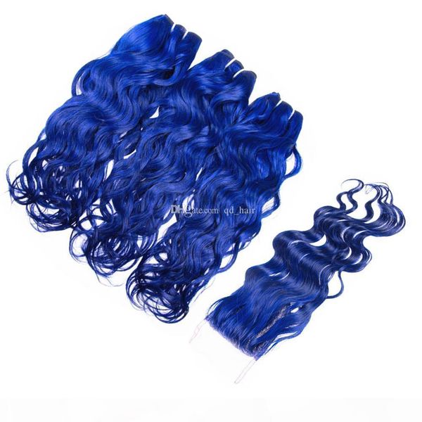 

water wave virgin human hair 3 bundles with lace closure 4pcs lot blue color wet and wavy hair weft with closure 4x4, Black;brown