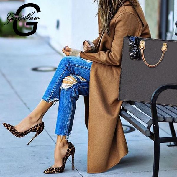 

genshuo high heels shoes women pumps flock leopard print stilettos 10 12cm party heeled designer shoes plus big size 11 12 c1011, Black;white