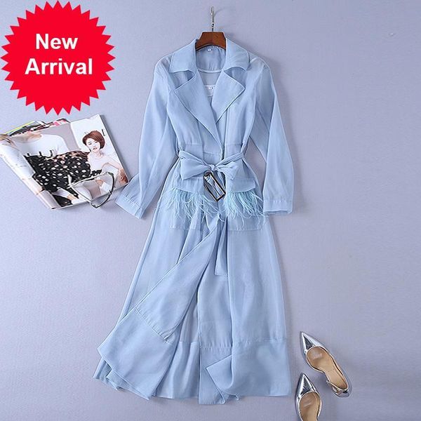 

2021 new fashion brand design female summer wool trench lace organza dress of two pieces dressed in blue lapel long sleeve clothes gzks, Black;gray