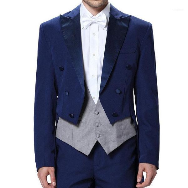 

royal blue man tail coat for wedding prom party 3 piece men suits with double breasted groom wear gray vest jacket pants11, White;black