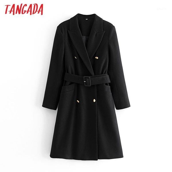 

tangada women 2020 winter elegant black woolen coat with slash pockets female outerwear chic overcoat 3w491