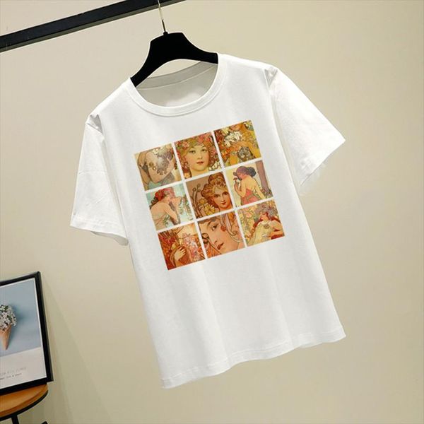 

alphonse mucha vintage art oil painting flower women tee new summer casual harajuku fashion short sleeve women t shirt, White