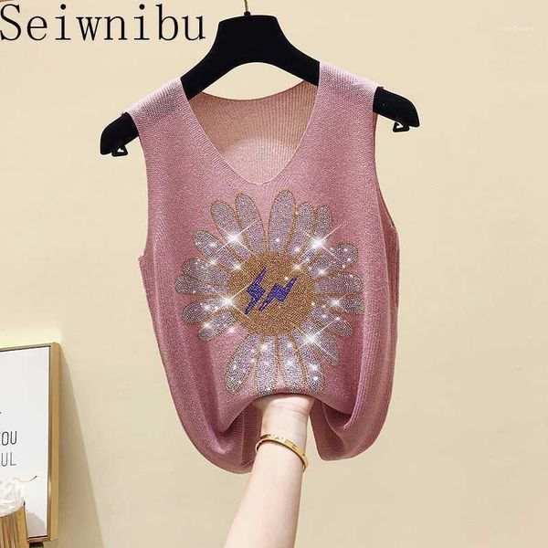 

korean fashion diamond sleeveless knitted cotton thin t-shirt women v-neck floral summer sweet grils knit tee1, White