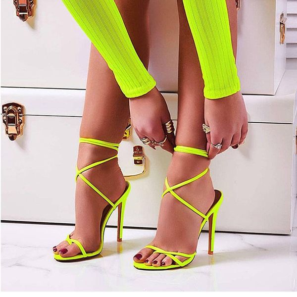 

candy color point toe lace ankle strap party high heels pumps 2021 women summer sandals 11.5cm high thin heel sandals lady y, Black