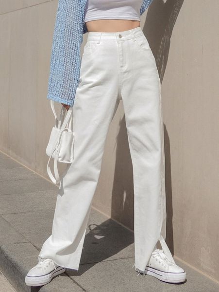 

dazy solid split hem boyfriend jeans 72kh#, Blue