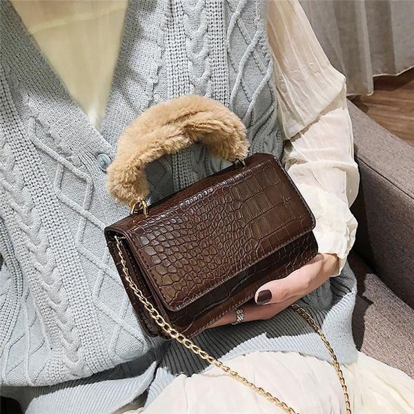 

velour handbag bags women crocodile pattern shoulder bag 2020 fashion women messenger bag winter plush females chain handbag #40