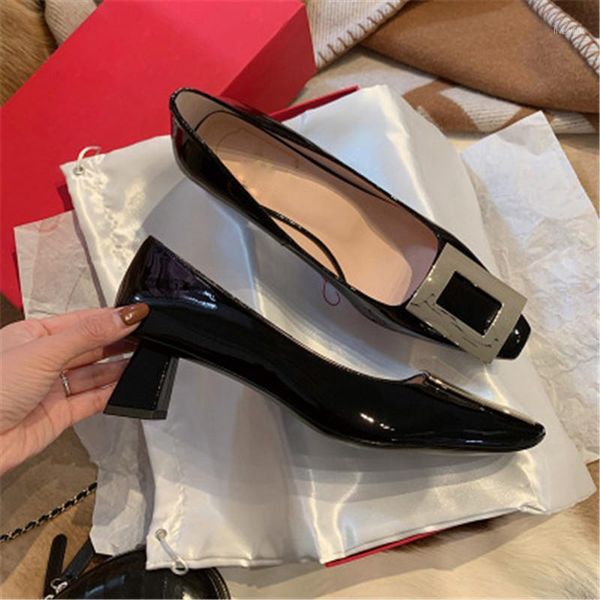 

dress shoes fashion 2021 summer square buckle women pumps runway toe shallow mid heels ladies party club sandals shoes1, Black