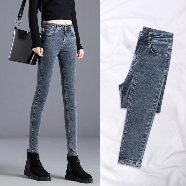 

high waist jeans women's slim 2020 new slim fit ankle-length black tight men's pants1, Blue