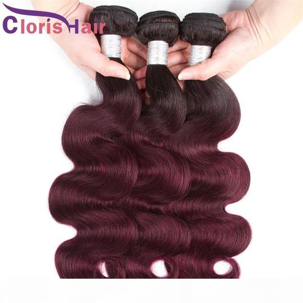 

dark roots wine red ombre extensions 100% human hair malaysian virgin body wave bundles full head 3pcs 1b 99j wavy colored weaves for sale, Black