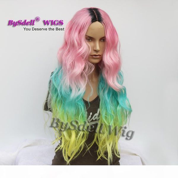 

web celebrity long wavy hairstyle wig harajuku ombre pink blue green yellow colorful none lace lace front wig with black roots
