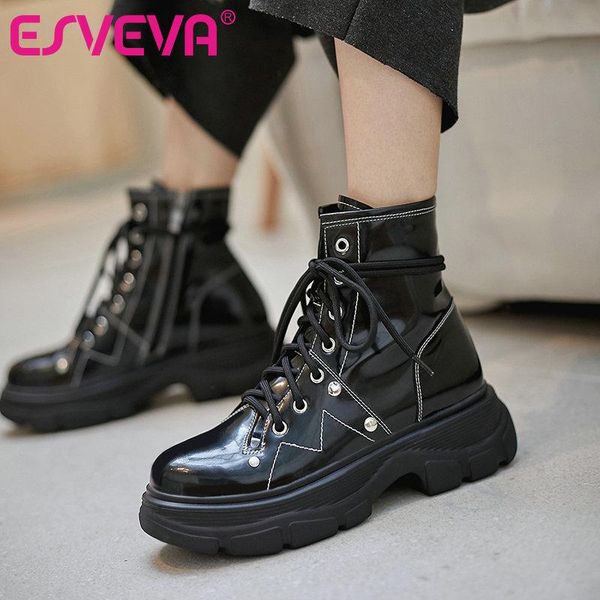 

esveva 2021 sheepskin ankle boots ankle boots autumn winter lace up zipper ladies round toe square heel women shoes size 34-41, Black