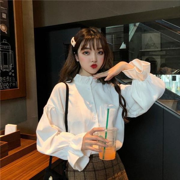 

new korean style ear collar full sleeves for women lace and bell sleeves blouse femme manche longue fashion and brief, White