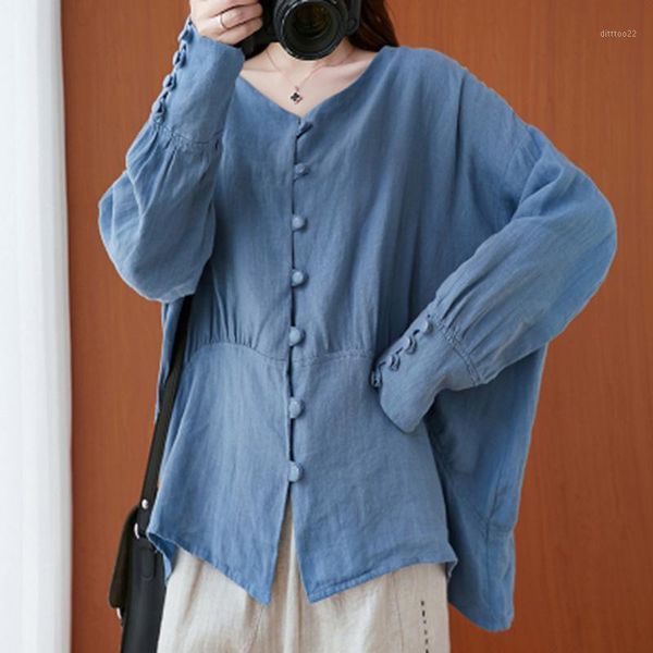 

women's blouses & shirts 2021 arrival spring/autumn women loose casual cotton linen patchwork shirt long sleeve v-neck single-breasted, White