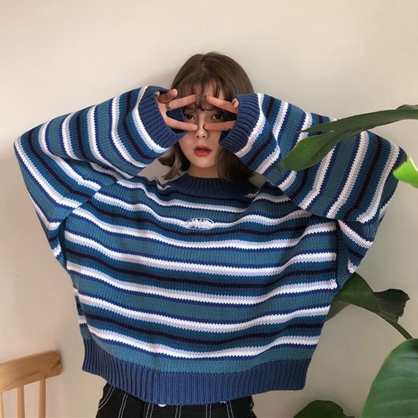 

winter striped sweater women new korean harajuku bf wind loose joker student long sleeve striped female sweaters y200720, White;black