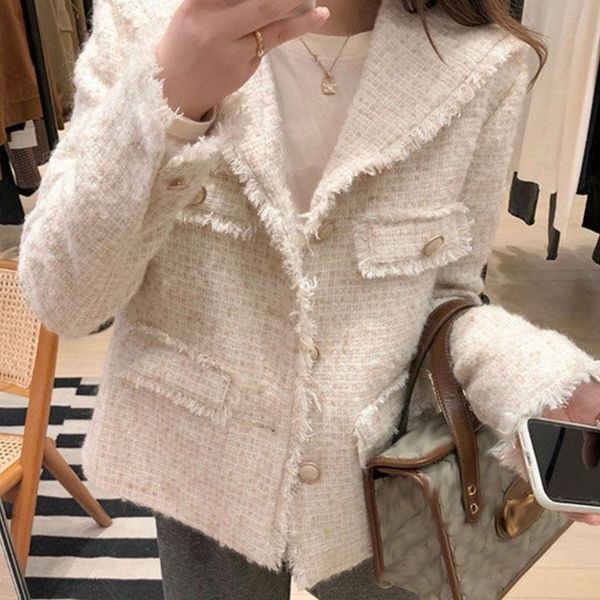 

ewq] 2021 winter female elegante turn-down collar long-sleeved single breasted minimalist tweed tassel woolen suit coat 8d676, Black;brown