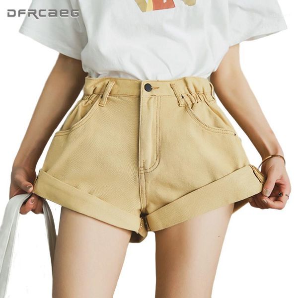 

high waist women's crimping jeans shorts summer 2020 streetwear korean wide leg denim short trousers jean female khaki1, White;black