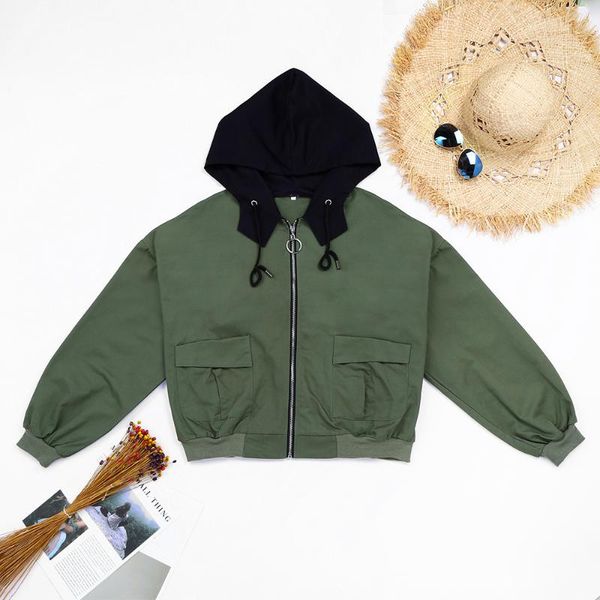 

autumn winter women short hoodies army green jacket zipper long sleeve pockets drawstring hooded coats crop sweatshirt, Black;brown