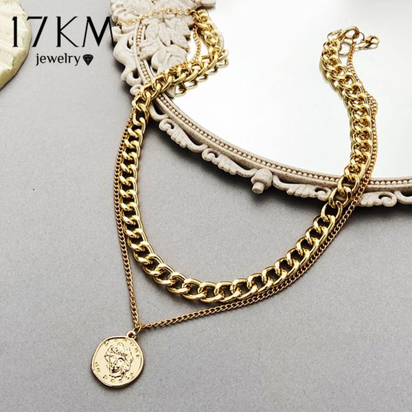 

17km vintage multi-camada moeda corrente gargantilha colar para mulheres cor de prata ouro moda retrato chunky corrente colares, Silver