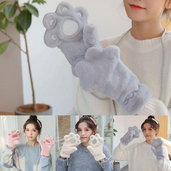 

five fingers gloves 1 pairs plush cute cartoon outdoor soft velvet thickening full finger fluffy bear cat mittens winter warm, Blue;gray