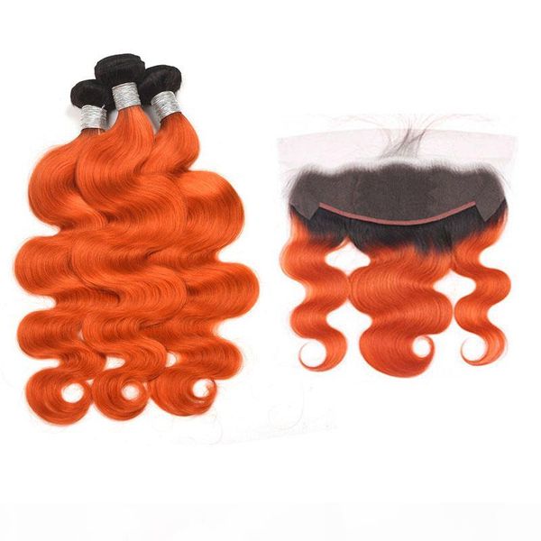 

бразильский девы волос 1b оранжевый ombre human body hair wave 3 связки с 13x4 lace фронтальная с ребенком волос extensions 4 шт много 1b or, Black;brown