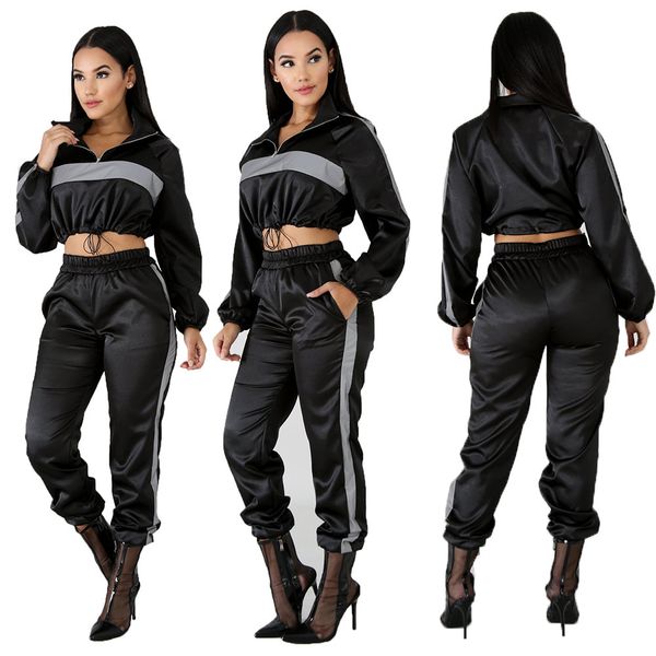 

2019 reflective tracksuit 2 two piece set women clothes black crop pants sweat suit club outfits matching sets, White