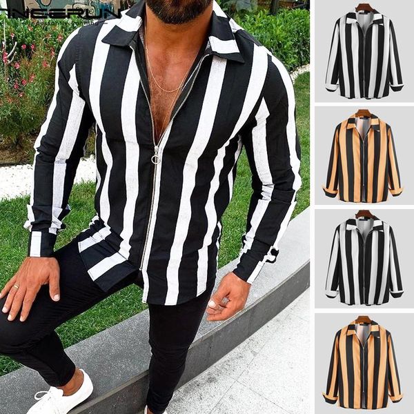 

men's casual shirts striped men long sleeve turn-down collar zippers streetwear stylish slim fit chic camisa mens shirt incerun 2021 5, White;black