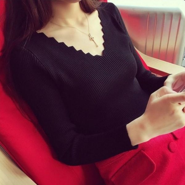 

fashion autumn women v-neck long-sleeve knitted sweater female jumper pullover solid basic elasticity women clothing pull femme, White;black
