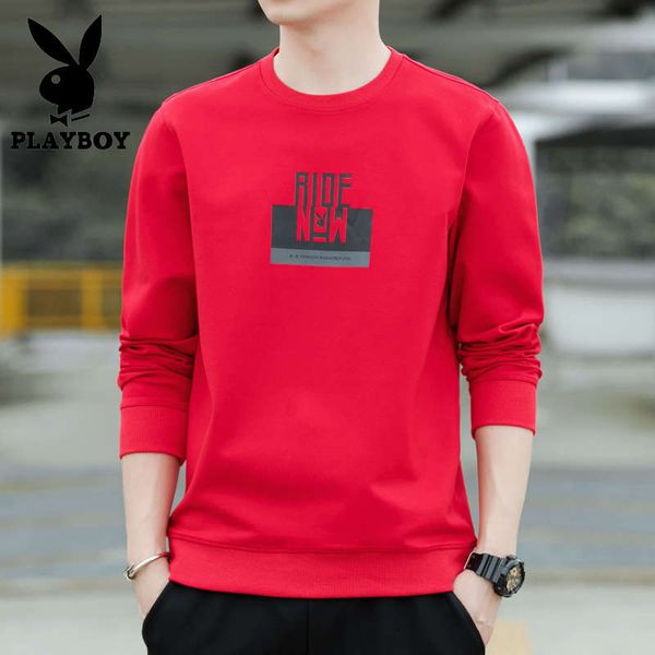 

playboy men's spring and autumn 2020 new round neck pullover red sweater korean bottoming shirt long sleeve t-shirt, Black