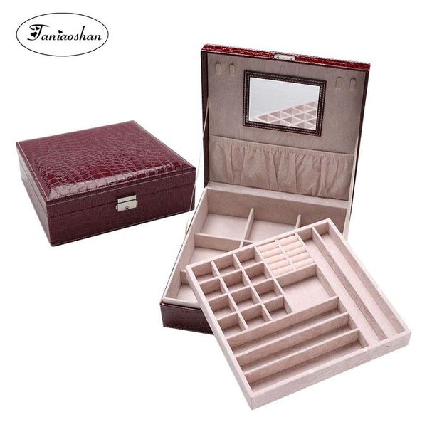 

crocodile pattern leather jewelry box fashion new style jewelery display with mirror double layers large storage casket, Pink;blue