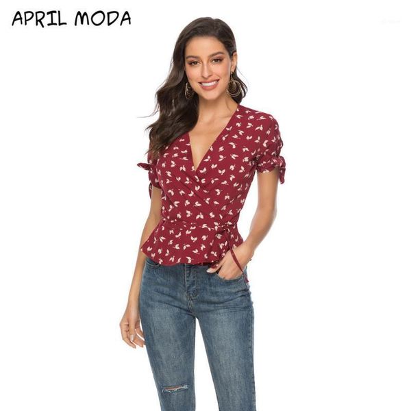 

chiffon printed v-neck short-sleeve chiffon shirt strappy 2020 spring summer new fashion rest printing bow shirts1, White