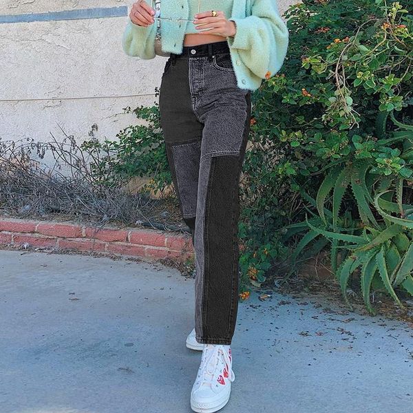 

vintage women fashion casual color block patchwork straight-leg jeans pants high waist streetwear denim cowboy long trousers, Blue