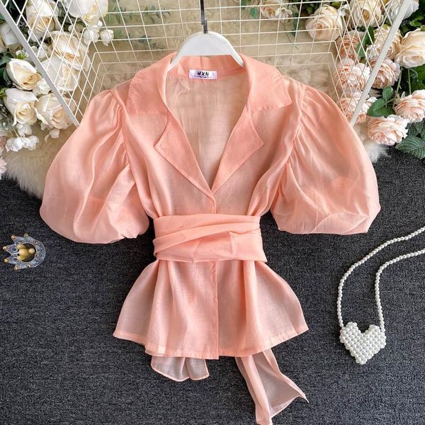 

chic short puff sleeve suit collar lady new fashion lace-up high waist slim shirt women elegant blouse n3921, White