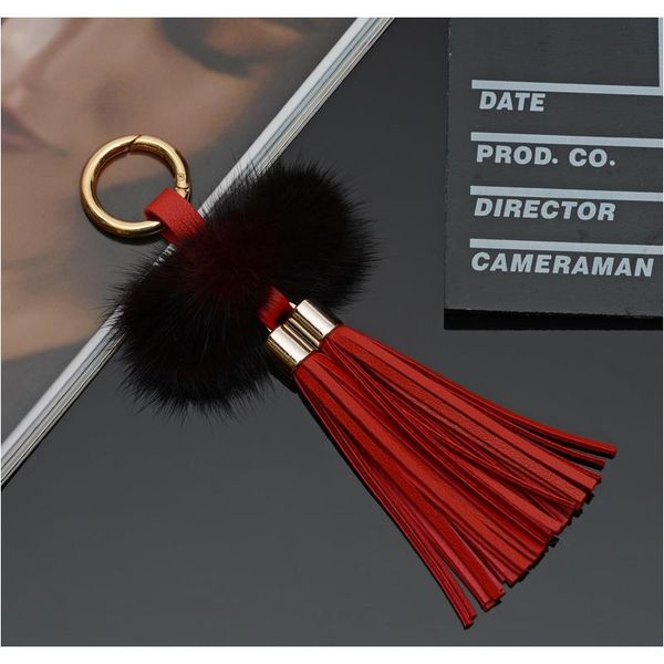

new leather tassels with mink fur ball key chain with two tassels for car keychain bag key ring jewelry eh815 f sqcega, Slivery;golden