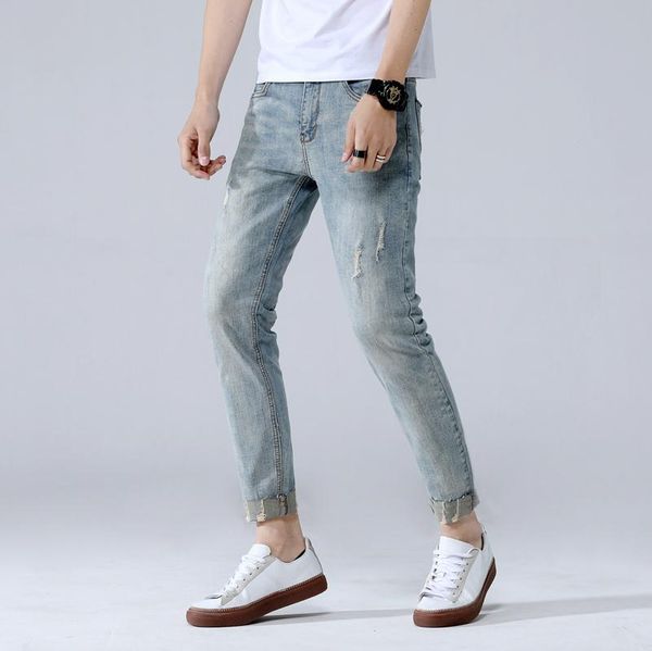 

men's jeans 2021 vintage style men slim scratched jean cuff leg man retro crippled package male personal amazing casual denim pant, Blue