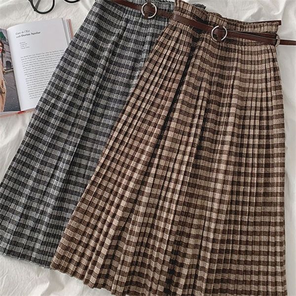 

elegant plaid maxi skirt autumn winter fashion high waist pleated skirts with belt female vintage korean style long skirt bottom y1214, Black