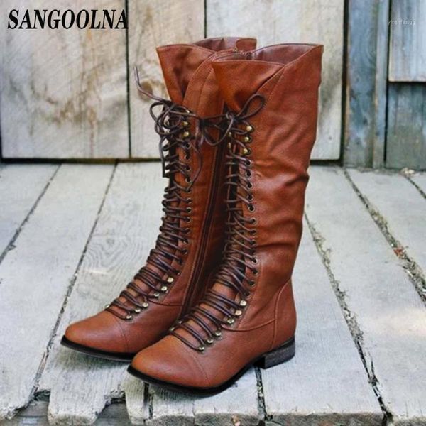 

lace up knee high boots women fashion boots flats shoes square heel rubber flock botas winter buckle size1, Black