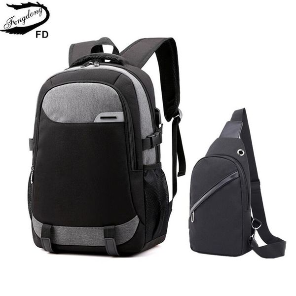 

fengdong big school bags for teenagers boys waterproof large school backpack usb charge boy sling chest bag set reflective strip c1019