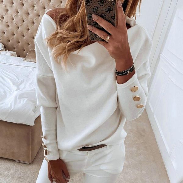 

women off shoulder knitted sweaters long slash neck button solid casual sweater streetwear pullover 2021 autumn winter, White;black