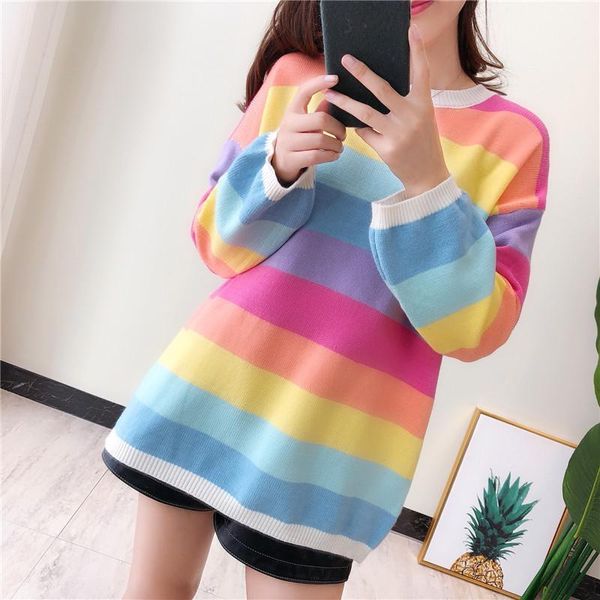 

harajuku rainbow striped sweater women loose long sleeve o-neck pullovers female 2020 spring autumn sweet sweater for girl1, White;black