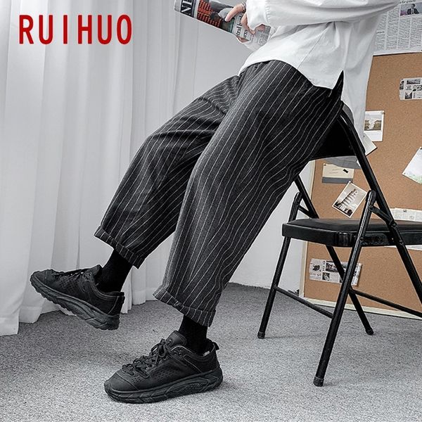 

ruihuo ankle-length striped casual japanese streetwear joggers pants harajuku sweatpants men hip hop trousers 2020 q1219, Black