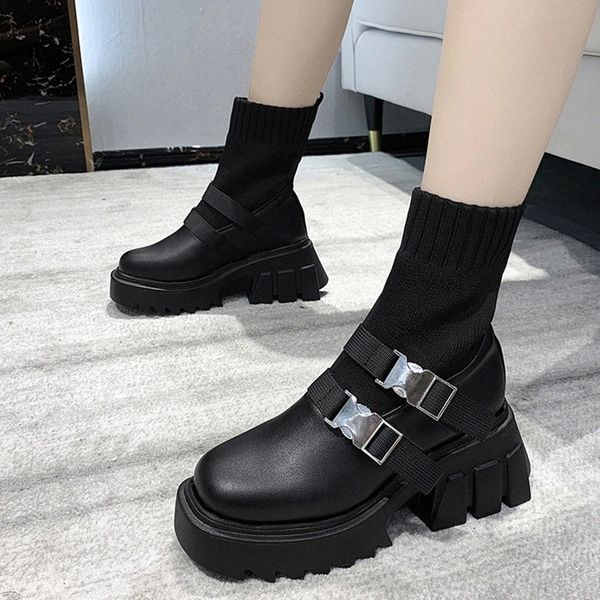 

rimocy fashion double buckle platform women ankle boots elastic knitting high heels boots woman pu leather punk shoes ladies #s42a, Black