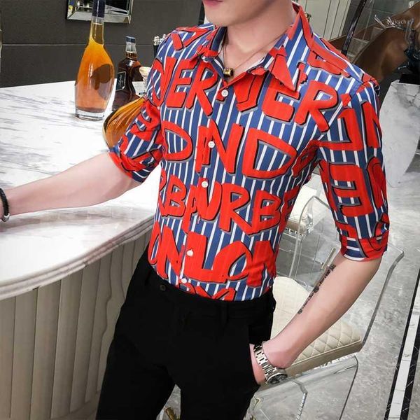 

summer slim fit short sleeve dress shirts casual streetwear social blusa camisa masculina 2020 fashion letter striped men shirt1, White;black