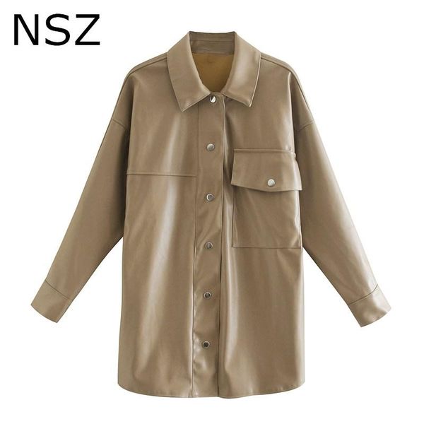 

women's leather & faux nsz women oversized pu jacket fall fashion shirt coat long sleeve ladies outerwear, Black