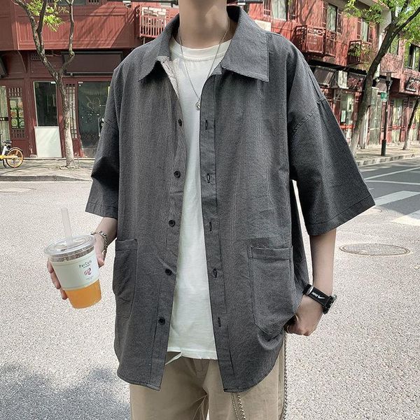 

summer shirt men's fashion solid color pocket tooling shirt men streetwear wild loose short sleeve mens dress -2xl1, White;black