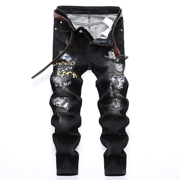 

men's jeans fashion hipster streetwear patchwork print with holes straight slim denim pants embroidery casual cowboys trousers, Blue