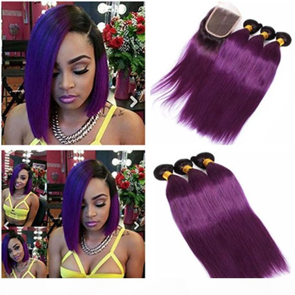 

straight purple ombre virgin peruvian human hair bundle deals with closure 4pcs lot two tone 1b purple ombre weaves with 4x4 lace closure, Black;brown