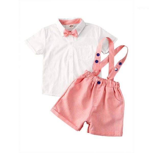 

clothing sets toddler baby boys gentleman summer suits set shirt + bib pants bow tie overalls set1, White