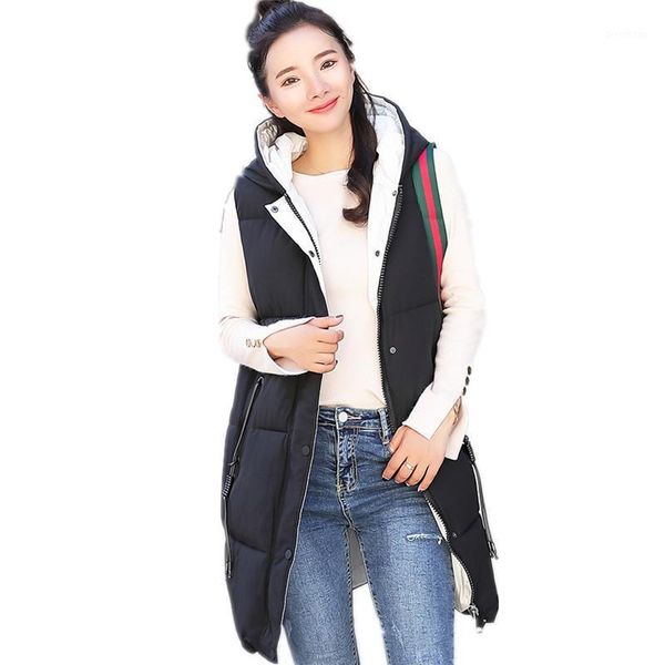 

new elegant 2020 autumn winter down cotton women vest female hooded button loose vest women plus size 3xl outerwear cq22441, Black;white