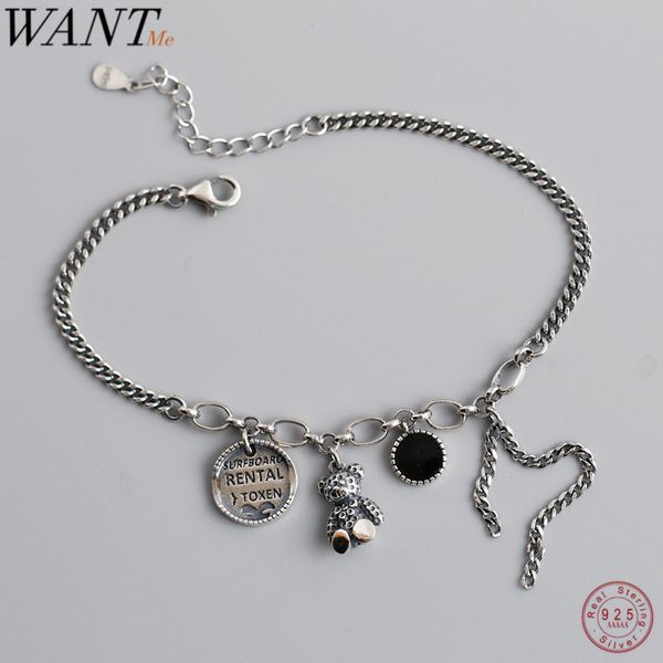 

wantme vintage geometric bear chain dangle bracelet&bangle for women real 100% 925 sterling silver punk fine jewelry gift 2020 t200422, Black